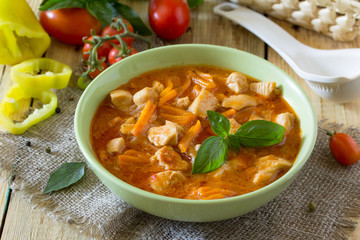 Traditional hot ragout with meat (chicken, sour cream, carrots,