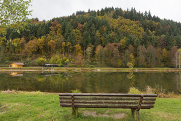 Fototapeta na wymiar Bench in a beautiful autumn background with reflection of colourful trees in Black Forest, Germany