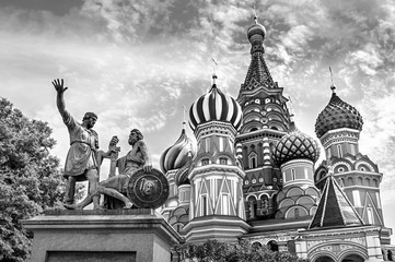 Black and white St. Basil's cathedral and monument in Moscow