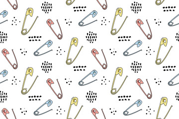 Open english pin pattern with hand marks. Sewing background, hand made illustrations of sew tools. Vector seamless texture