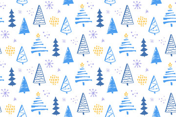 Winter forest seamless pattern with hand drawn christmas trees. Vector background for wrapping paper and christmas designs