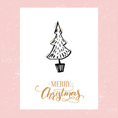 Obraz na płótnie Canvas Minimalistic Christmas greeting card with hand drawn Christmas tree. Vector design template with calligraphy type.