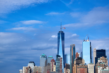 NEW YORK CITY - SEPTEMBER 26, 2016: Manhattan skyline with One World Trade Center in the middle, photographed from the ferry to Staten Island