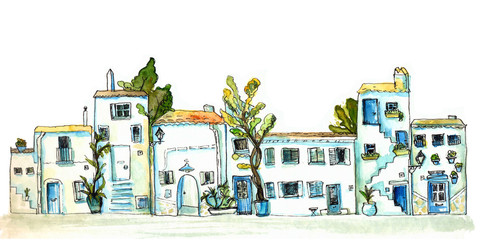 White and blue town street with small houses and trees. Watercolor painting, urban sketch.