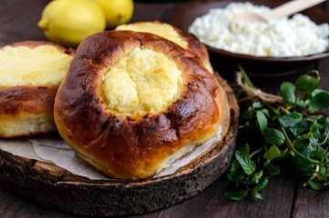 Vanilla cottage cheese buns (cheesecake) on dark wooden background. Close up