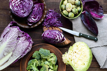 Many kinds of cabbage - red, broccoli, Brussels sprouts, white, napa cabbage. Ingredients for the...