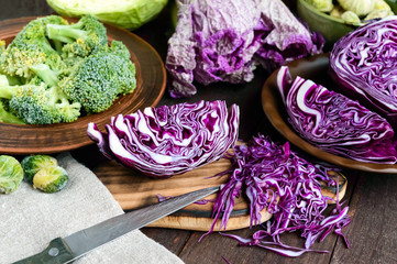 Fototapeta premium Many kinds of cabbage - red, broccoli, Brussels sprouts, white, napa cabbage. Ingredients for the preparation of vegetable dishes.