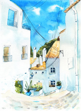 Town street with white houses with orange roofs, plants and wires. Watercolor painting of Cadaques, Spain.