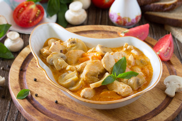 Traditional hot ragout with meat and mushrooms (chicken, mushroo