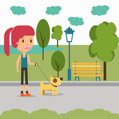 Obraz na płótnie Canvas Woman walking with dog in the park relaxing time vector illustra