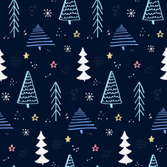 Winter forest pattern with hand drawn christmas tree. Blue night sky with stars and snowflakes. Vector background for wrapping paper and christmas designs.