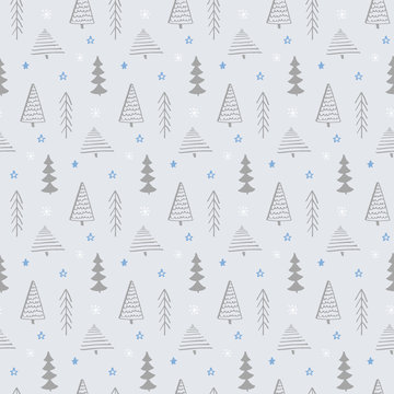 Winter seamless pattern. Vector texture with christmas tree and snowflakes. Hand drawn forest background