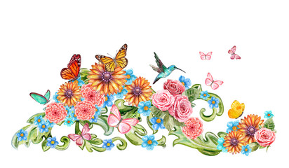 decorative element with flower and butterflies for your design.