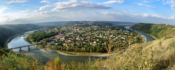 Panorama of Zalishchyky and the Dniester River from the high bank. Ukraine.