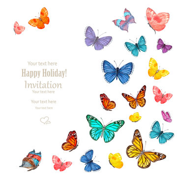 invitation card with lovely flying butterflies on white backgrou