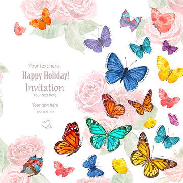 invitation card with lovely flying butterflies. watercolor paint
