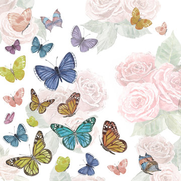 invitation card with cute flying butterflies. watercolor paintin