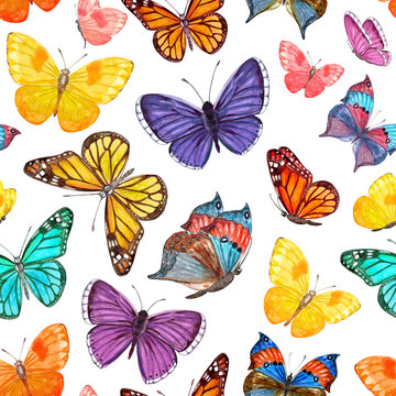 seamless texture with colorful flying butterflies. watercolor pa