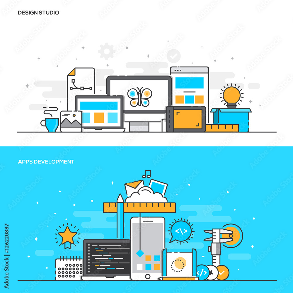 Poster flat line color concept- design studio and apps development - co