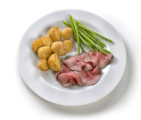 slices of roast beef with potatoes