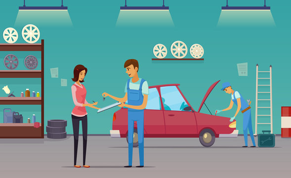 Car Service Garage Cartoon Composition Poster 