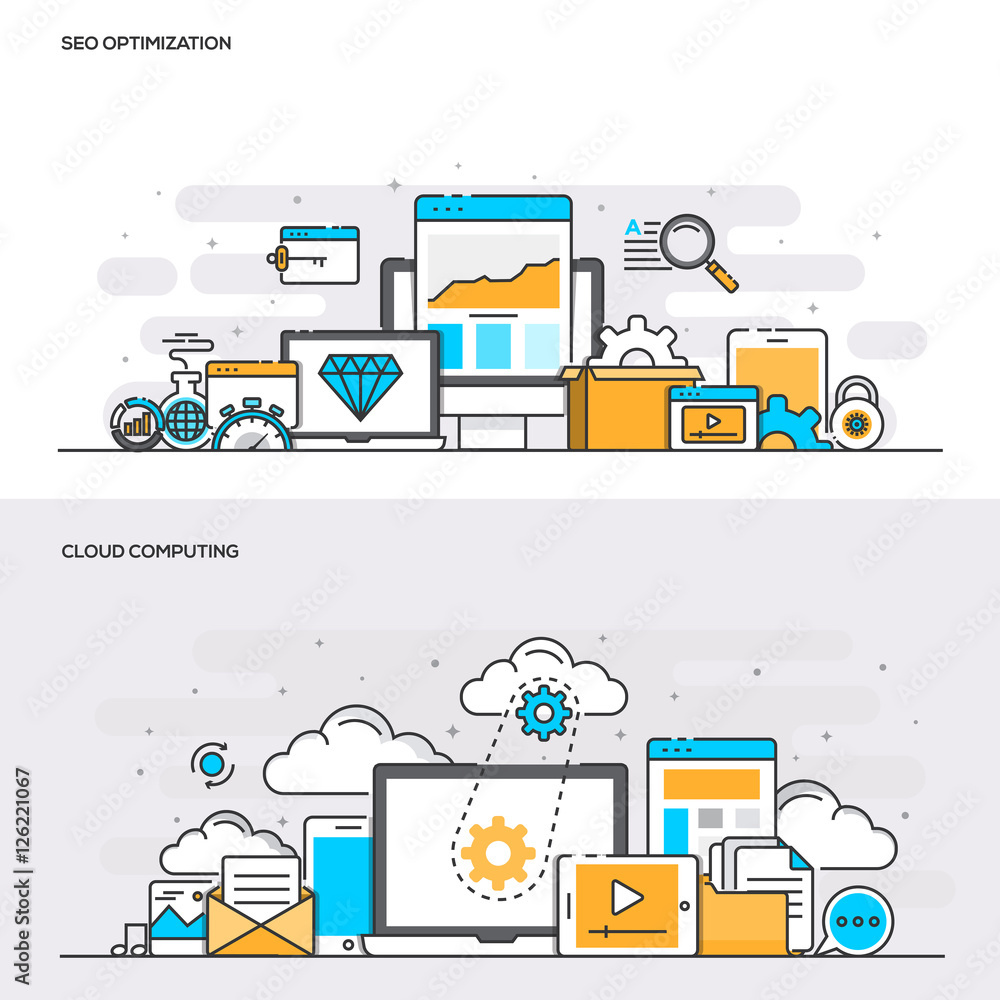 Poster flat line color concept- seo and cloud computing-color