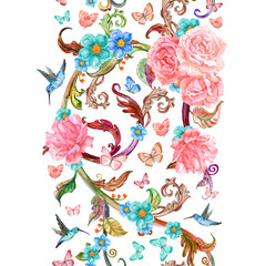 vertical floral seamless border for your design. watercolor pain
