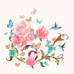 invitation card with fancy flora and birds. watercolor painting