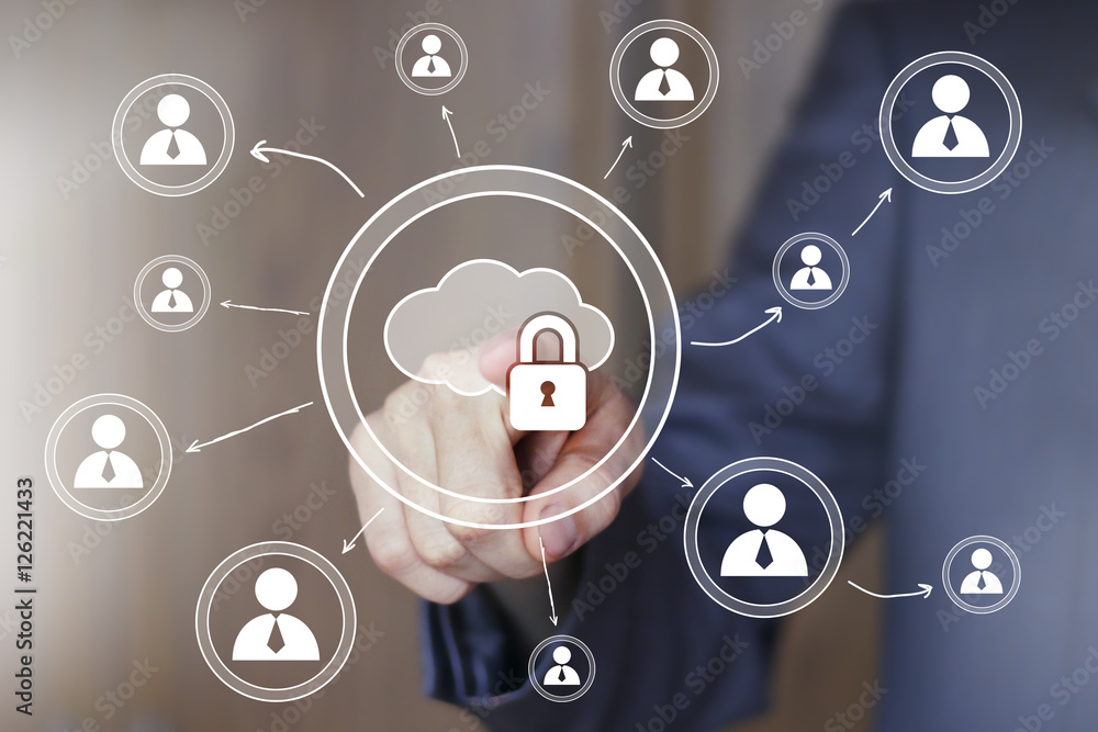 Poster businessman push web button cloud lock icon network