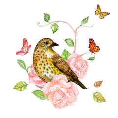 invitation card. cute bird on tree rose with lovely flying butte
