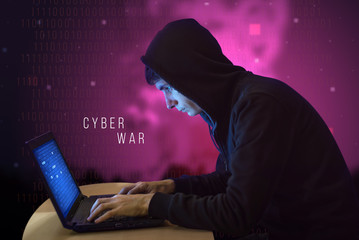 Hacker with laptop initiating cyber attack
