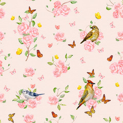 Naklejka premium romantic seamless texture with birds, butterflies and roses. wat