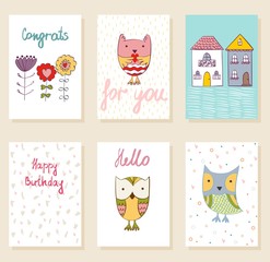 Collection of cute artistic cards for kids. Funny owls in vector.