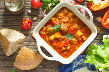 Hungarian goulash. Traditional hot ragout with meat, paprika and