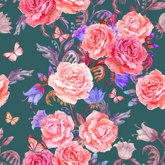 Draagtas mode naadloze textuur met boeket van mooie rozen en vliegen © Aloksa