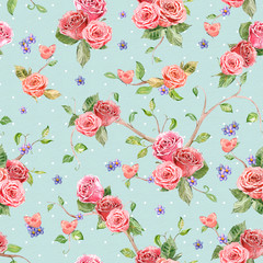 Panele Szklane Podświetlane  retro tekstura z różami i motylami. akwarela pa