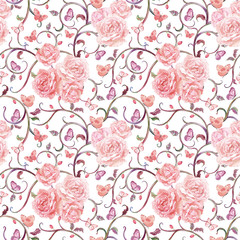 romantic seamless texture with floral motif and roses. watercolo