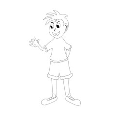 Cheerful smiling schoolboy casual lifestyle. Friendly little boy waving hand. Isolated on white background, black and white sketch...