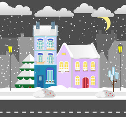 Flat style winter house. Cottage. Vector illustration. Snowfall background. Flat design winter card.