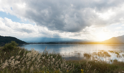 Lake Kawaguchiko with cloudy sky and sunset