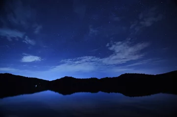 Tuinposter nachtelijke hemelsterren met melkweg op bergachtergrond op donkerblauwe hemel © nimon_t