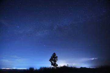 Fototapeten night sky stars with milky way on mountain background on dark blue sky © nimon_t