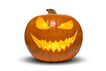 Halloween pumpkin with fireflies inside isolated on white