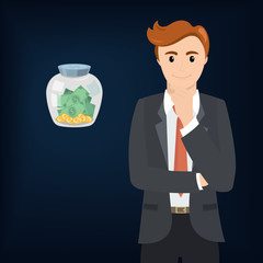 Businessman and money in a glass jar. Businessman thinking about a money bag with dollar sign. The money for a rainy day.