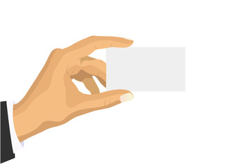 Fototapeta premium Man holding a blank card in his hand mockup. Credit card, ID card. It can be used as a template for a credit card, identity card, place for text. Flat style vector.
