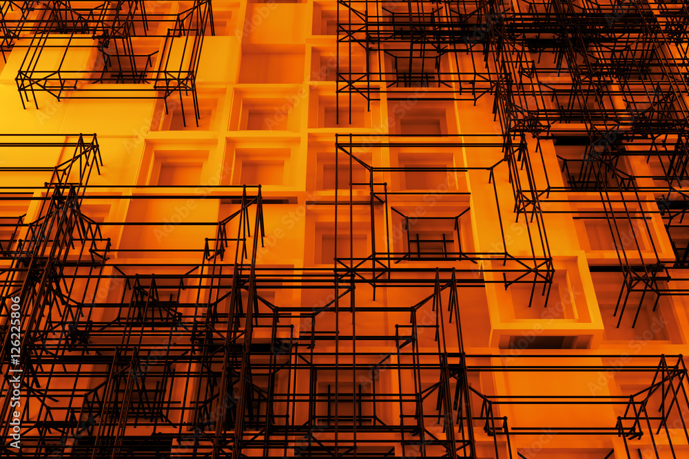 Poster abstract 3d rendering of several cubes. background made of repetitive square blocks. digital detaile