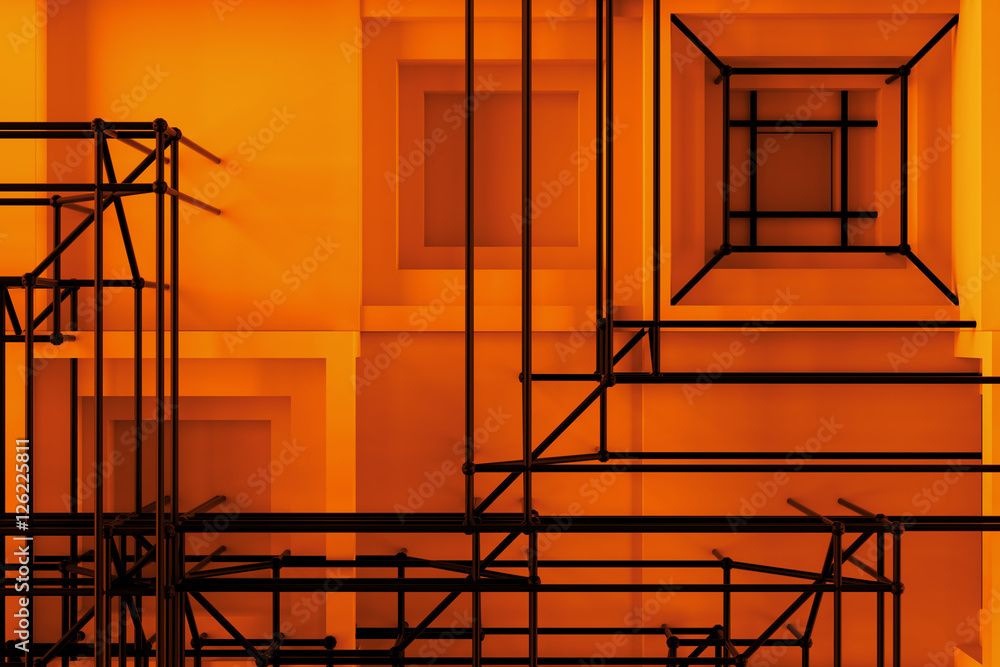 Poster abstract 3d rendering of several cubes. background made of repetitive square blocks. digital detaile