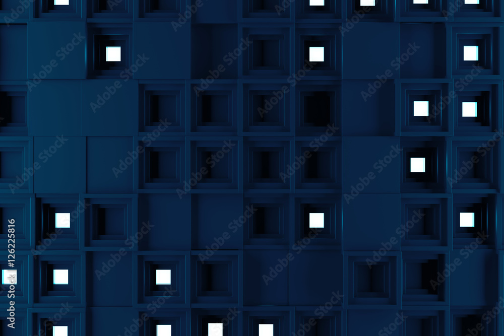 Poster abstract 3d rendering of several cubes. background made of repetitive square blocks. digital detaile