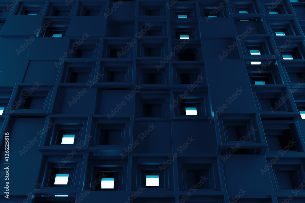 Poster abstract 3d rendering of several cubes. background made of repetitive square blocks. digital detaile