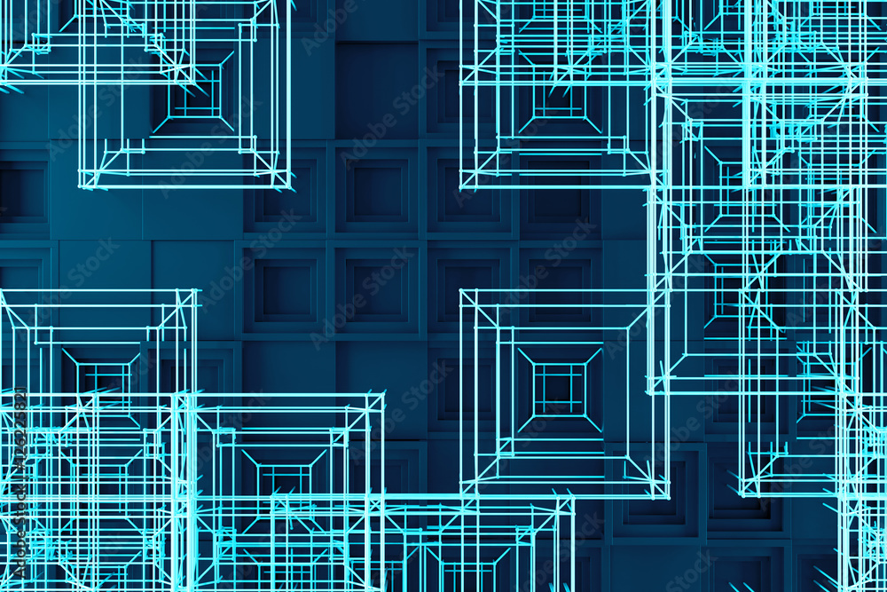 Poster abstract 3d rendering of several cubes. background made of repetitive square blocks. digital detaile